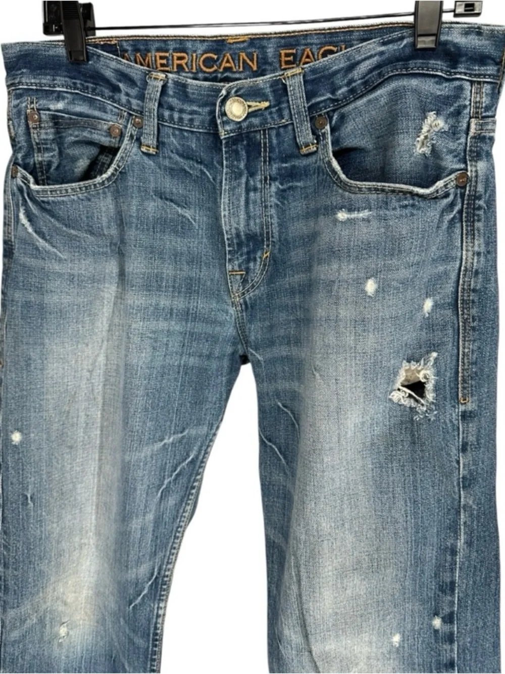 AMERICAN EAGLE / Blue Distressed Denim Y2K Straight Leg Jeans / 31 W 32 L Preppy